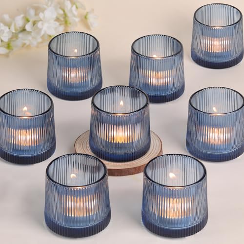 DARJEN Blue Ribbed Tealight Votive Candle Holders Set of 10- Votive Candle Holders for Table Centerpiece, Tea Light Candle Holder Glass for Wedding and Home Decor, Blue Decor and Gifts - color: Blue, size: 10Pcs