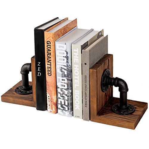 MyGift Book Ends, Decorative Bookends, Heavy Duty Book Holders for Shelves, Rustic Wood with Realistic Industrial Pipe Design,Unique Ideas for Father's Day, Christmas - color: Rustic Brown