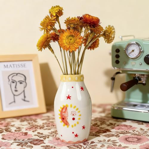 Tnstbiee Cute Boho Small Cream Ceramic Bud Vase, Sun and Moon Round Decorative Vase for Dried Flowers/Single Rose/Pampas Grass, Modern Table Vase for Entryway Dining Coffee Table, Unique Home Gift - color: Bohemian Vase