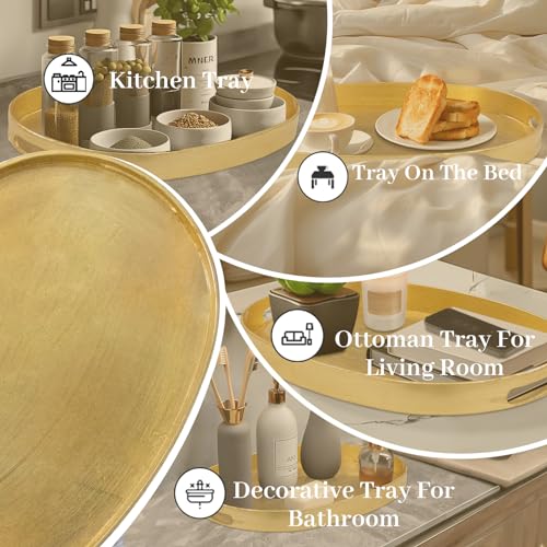 MAONAME Gold Decorative Tray with Handles, Foil Serving Tray for Ottoman, Oval Coffee Table Trays for Living Room, Bathroom, 15.6" L x 10.6" W x 1.4" H - size: 15.6" x 10.6" x 1.4"