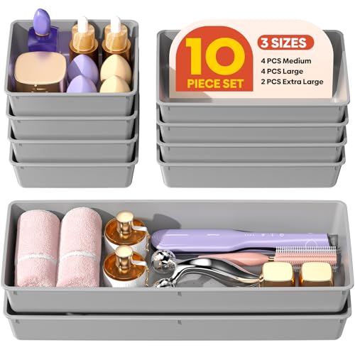 10 Pack Large Size Plastic Drawer Organizers Set, 3 Sizes Desk Drawer Organizer Trays, Storage Bins for Vanity, Makeup, Bathroom, Kitchen Utensils and Office (Gray) - color: Gray