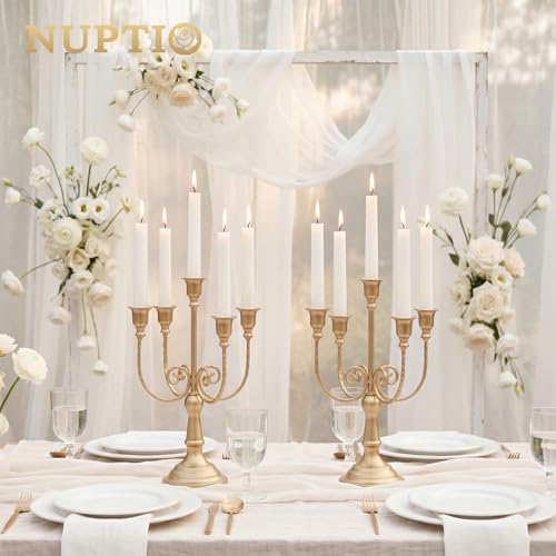NUPTIO Gold Candelabras Candle Holder Set of 2 Metal Candelabra Centerpieces 5 Branches Candle Stick Stands Candleholder Fireplace Wedding Reception Antique Decorative Dinning Table Christmas - color: 5-arms Gold, size: 2 Pcs