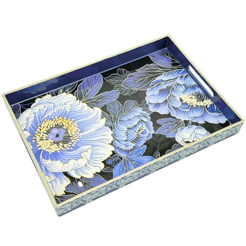 Serving Tray with Handles, 15.7 * 11.8 inches, Plastic Ottoman Tray with Exquisite Paintings, Trays for Coffee Table - color: Blue Peony