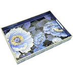 Serving Tray with Handles, 15.7 * 11.8 inches, Plastic Ottoman Tray with Exquisite Paintings, Trays for Coffee Table - color: Blue Peony