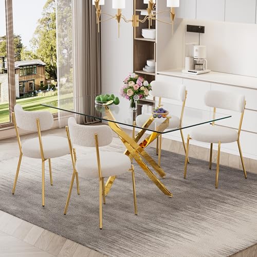 5 Piece Rectangular Glass Dining Table Set, 63'' Modern Kitchen Table Set Gold Base with 4 Luxury White Gold Boucle Dining Chairs, Dining Table and Chairs for Home, Apartment - color: Golden+white Gold Chairs, size: 63'' + 4 Chairs