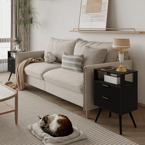 JOONEE Black Nightstand with Charging Station and LED Lights,Modern Bedside Table with 2 Storage Drawer and Open Wood Shelf, for Bedroom and Small Spaces,Night Stand with Solid Wood Legs,Black - color: Black