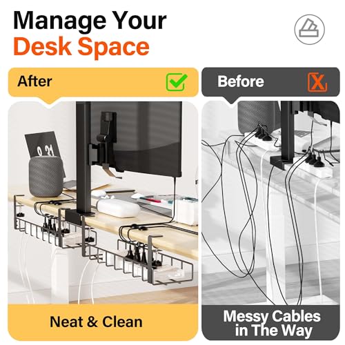 2 Pack Cable Management Under Desk Tray, 31.4" No Drill Under Desk Wire Management with Upgraded Clamp, Metal Cord Organizers for Desk with Cable Organizers, PC Cable Management Rack, Black - color: Black, size: 2 Pack (Standard)