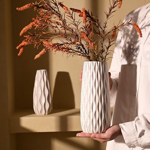 VICTOR & TERESA Ceramic Vase for Flowers, 10'' Set of 2 Decorative White Vases for Home Decor, Farmhouse Vases for Pampas Grass, Table, Mantel, Living Room, Shelf, Centerpieces, Gifts for Mom - color: White, size: Large