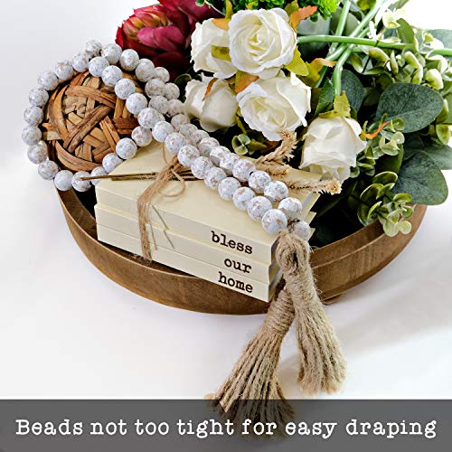 Farmhouse Wood Bead Garland Home Decor, Natural Wooden Garland for Tiered Tray, Decorative Tassel for Tier Tray, Rustic Beads Centerpiece Boho Table Decor, Beaded Accent White Washed - color: Whitewashed
