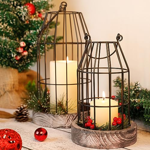 Rustic Wire Metal Cloche Set of 2 Candle Lantern Decorative Indoor Outdoor Vintage Cage Candle Holders Modern Farmhouse Decor for Fireplace Mantle Entryway Living Room Kitchen Coffee Table Centerpiece - color: Black/Brown