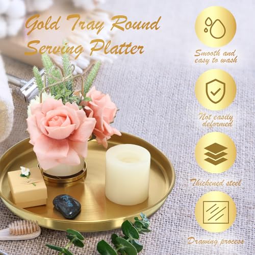 Thenshop 1 Pcs 12 Inch Gold Round Serving Tray Stainless Steel Circle Decorative Vanity Gold Plate Metal Jewelry Makeup Organizer Dishes for Gift Wedding Coffee Table Bathroom Dessert Christmas - size: 12.2"