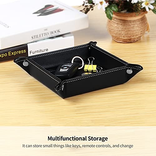YAPISHI Key Dish Bowl for Men, Entryway Catchall Holder Bedside Table Valet Tray for Pocket Stuff, PU Leather Nightstand Organizer for Dice/Coins/Wallet/Watch/Rings/Sunglasses, Dresser/Coffee Table - color: Black