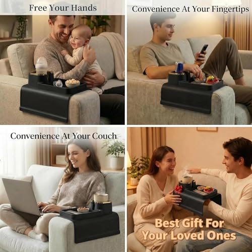 Luxury Gold Trim Couch Cup Holder Tray - Weighted Silicone Anti-Spill Sofa Armrest Organizer, Non-Slip Recliner Tray Table for Drinks, Remote, Phone - Fits Most Couch Arms, Home Gift,Black - color: Black