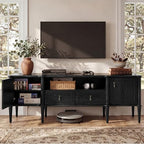 STO'SENSE 63" Pre-Assembled Tv Stand w/Power Outlet, Solid Wood Grain TV Consoles w/2 Cabinets & 2 Drawers, Mid Century Modern Entertainment Center for Living Room, Fits TVs up to 75", Black Oak - color: Black Oak