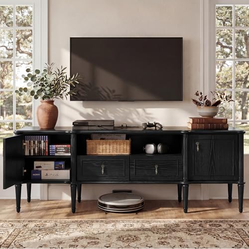 STO'SENSE 63" Pre-Assembled Tv Stand w/Power Outlet, Solid Wood Grain TV Consoles w/2 Cabinets & 2 Drawers, Mid Century Modern Entertainment Center for Living Room, Fits TVs up to 75", Black Oak - color: Black Oak