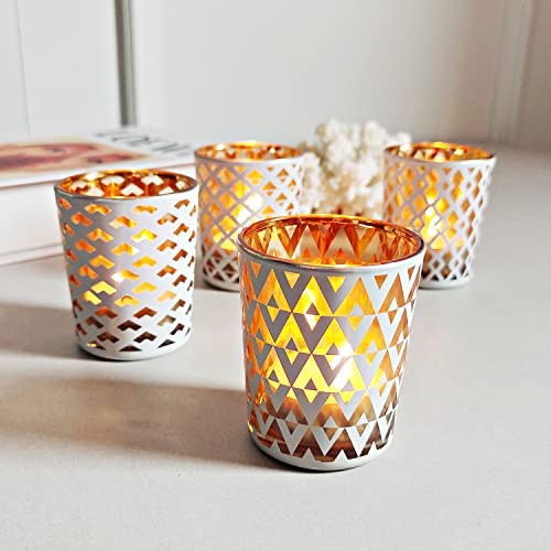 SHMILMH White and Gold Votive Candle Holders Set of 12, 4 Patterns Frosted Glass Tea Lights Candle Holders for Birthday Party Wedding Table Centerpiece Halloween - color: W&g 4 Patterns