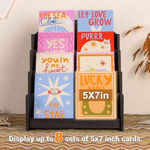 PUERSI Greeting Card Display Stand, Wooden 4-Tier Postcard Display Stand Holder for Sticker, Vendors, Retail Stores, Black - color: Black