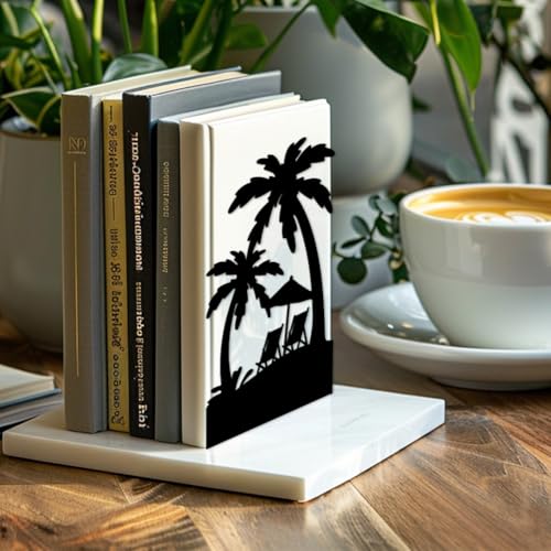 Peacoblue Metal Bookends for Shelves, Modern Decorative Heavy Duty Study Book Support Stoppers for Office, Desk, Shelf, Room 5.3"x4.3"x7.9" Cast Iron Simple Tall Bookends, 1 Pair (Beach and Palm) - style: Beach and Palm