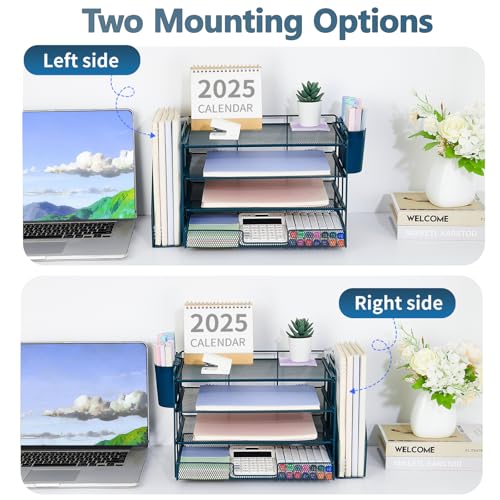 OPNICE Desk Organizer, 4-Tier Desktop File Organizer with Drawer and 2 Pen Holders, Office Desk Accessories, File Sorters, Workspace Organizers for Office Supplies(Dark Blue) - color: Dark Blue, size: 4-Tier