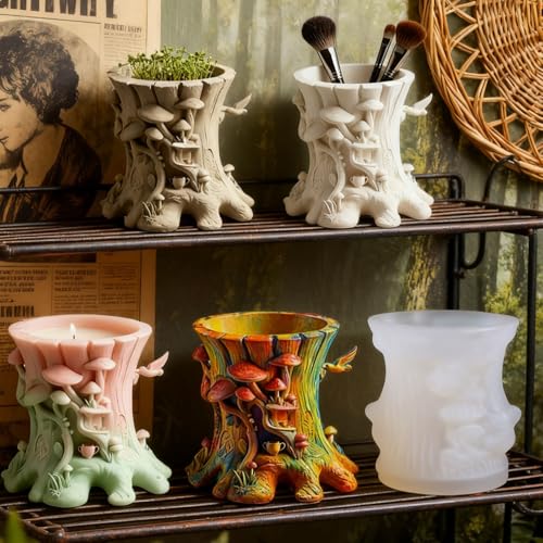1 Pc Exquisite Mushroom Tree Stump Resin Silicone Mold Plant Flower Pot Epoxy Clay Silicone Mold for DIY Candles Pen Holders Storage Boxes Home Decoration Candle Holder Vases Plaster Trays - color: Tree Resin Mold