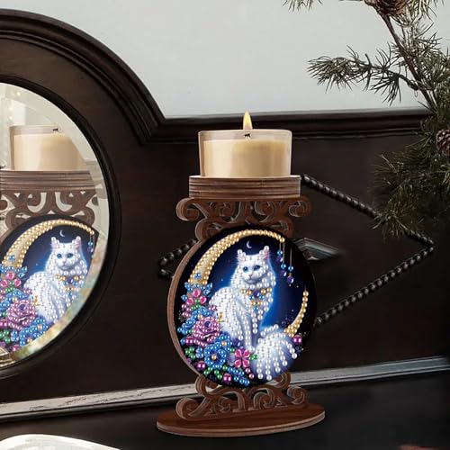 ARTopet DIY Diamond Art Painting Candlestick Holders Wooden Desk Candle Holder Ornament Double Sided Diamond Tabletop Ornaments for Home Decor-White Cat - color: White Cat