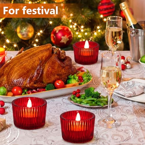 JOYIT Red Votive Candle Holders Bulk Set of 6, Tealight Candle Holder for Wedding Table Centerpiece, Glass Small Candle Holders for Birthday Party, Valentine's Day, Home Decor (2''X 1.4'') - color: Red