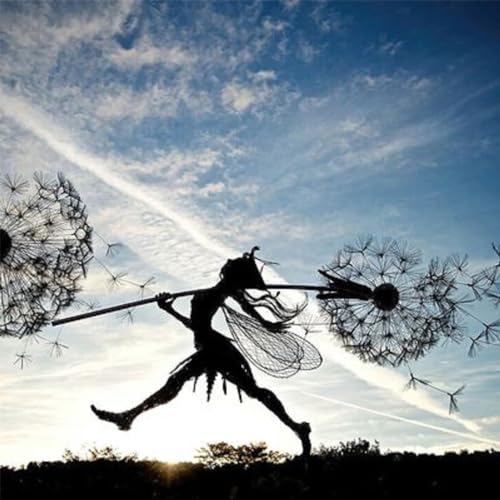 Fcteap Flower Fairy Dancing with Dandelion Garden Art Sculpture Stainless Steel Statue Christmas Halloween Decoration for Outdoor Yard Courtyard Lawn Patio Metal Ornaments (Long Travel) - style: Long Travel