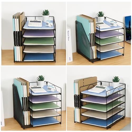 LEKETREE Desk Organizers and Accessories, 5-Tier Paper Letter Tray Organizer with File Holder, Desktop Organizer for Office Supplies (Black) - color: Black, size: 12" x 12" x 12"