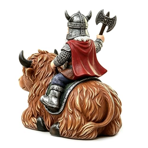 Viking Warrior Gnome Riding Highland Cow Statue, Hand-Painted Resin Sculpture Figurine for Yard Garden Patio Lawn Ornaments, Unique Home Decor Housewarming Gift