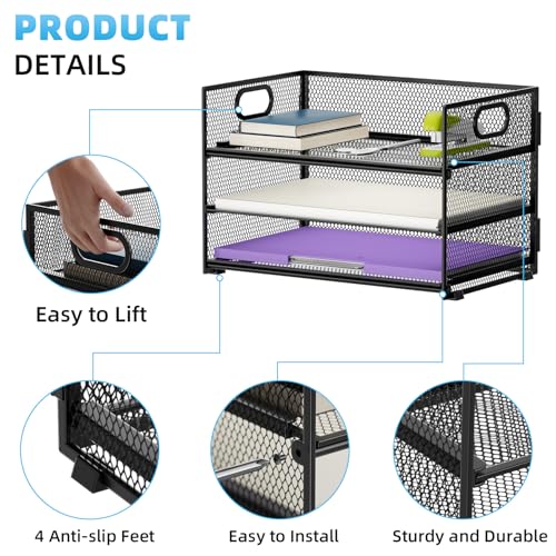 Marbrasse 3 Tier Paper Organizer Letter Tray, Mesh File Organizer with Handle, Paper Sorter Desk Organizer for Home Office Supplies - 2p - color: 2p-black