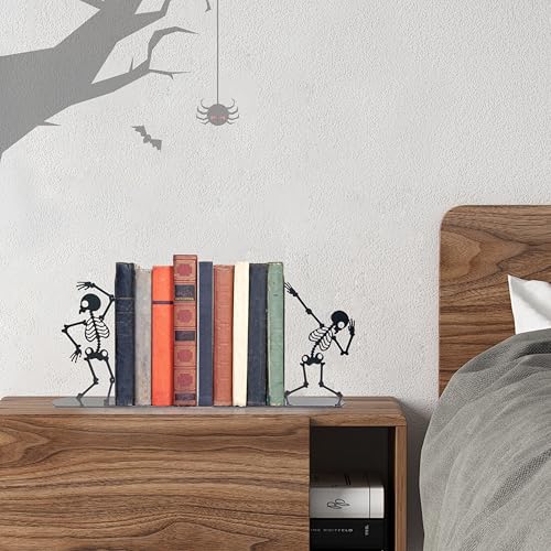 Gothic Dancing Skull Bookends – Metal Unique Skeleton Shelf Decor for Halloween, Gothic Furniture & Bookshelves | Spooky Book Supports with Black Vein Finish (2PCs)