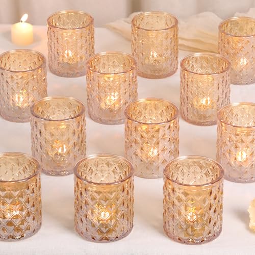 MATAHUM 12 Pcs Large Votive Candle Holders 2.8 * 3.2inch Gold Tea Light Candle Holders Glass Candle Holder for Bridal Shower, Wedding, Table Centerpiece, Party, Home Decor - color: Gold