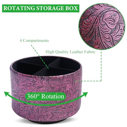 lizimandu Round Leather Art Supply Organizer,Remote Control Holder,360 Degree Spinning,Multi-Functional Pencil Holder,4 Compartments Desktop Stationary Organizer(1-Carved Metal Rose Red) - color: 1-Carved Metal Rose Red