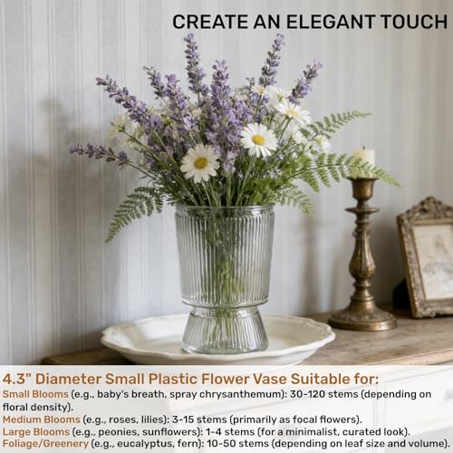 Tlence 12 Pack Clear Plastic Flower Vases, 6.3" Small Ribbed Fluted Glass-Like Vase, Decorative Modern Ripple Hydroponic Plant Vase with Base for Table Centerpieces Home Decor Wedding Decoration