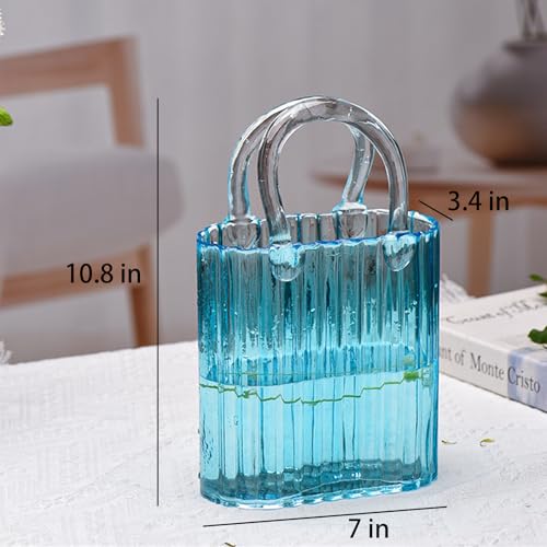 10.8" Modern vase, Transparent Blue Glass Striped Handbag vase, Home Decoration. Elegant Handbag, Suitable for Bedroom, Living Room and Home Decoration- Blue - color: Vertical Patterned Vase - Blue