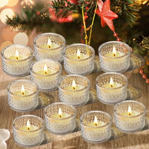 JOYIT Clear Votive Candle Holders Bulk Set of 12, Tealight Candle Holder for Wedding Table Centerpiece, Glass Small Candle Holders for Birthday Party, Valentine's Day, Home Decor (2''X 1.4'') - color: Embossed_clear