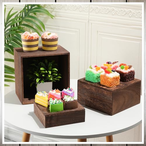 Barydat 6 Pcs Wood Display Risers Rustic Cupcake Stand Food Risers for Buffet Table Wooden Stackable Display Stand Box for Catering Dessert Collectibles Jewelry Figures Show(Burnt Wood Color)