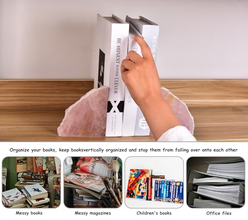 AMOYSTONE Rose Quartz Crystal Bookends for Small Books- Compact Natural Stone Organizer with Non-Slip Base & Polished Finish (1 Pair, 2-3 LBS) - color: Pink, size: 2-3 Pounds