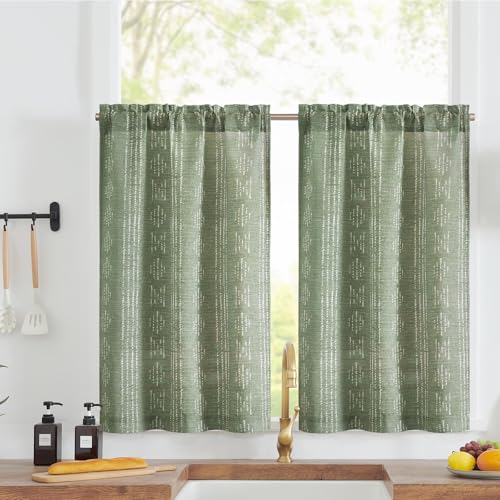 jinchan Boho Kitchen Curtains Linen Tier Curtains 24 Inches Bohemian Cafe Small Drapes Gray Striped Mudcloth Farmhouse for Bathroom RV Camper Light Filtering Rod Pocket 2 Panels Sage Green - color: Boho Sage Green, size: 26"W x 24"L (Pack of 2)