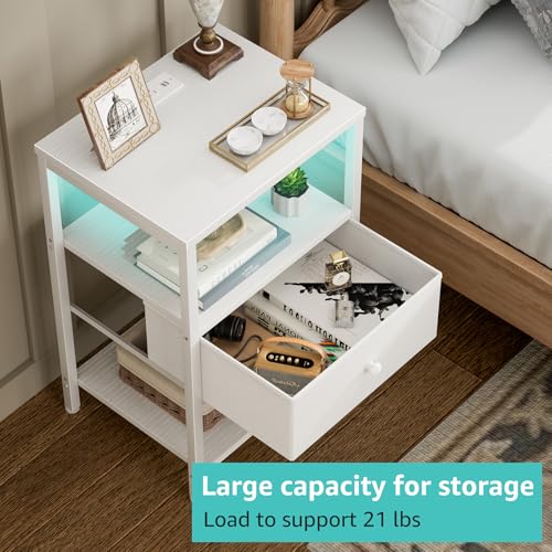 BOLUO White Nightstand with Charging Station, LED Night Stand with Fabric Drawers and Shelf, Bedside Table with USB Ports and Outlets, Bedroom Nightstand Modern - color: A.white