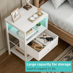BOLUO White Nightstand with Charging Station, LED Night Stand with Fabric Drawers and Shelf, Bedside Table with USB Ports and Outlets, Bedroom Nightstand Modern - color: A.white
