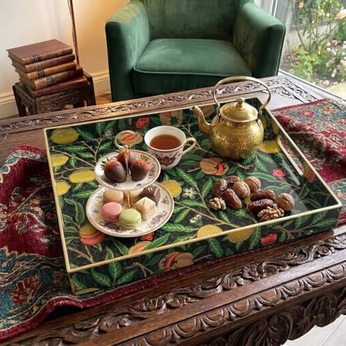15.8" x 11.8" Black Plastic Serving Tray with Handles, Pomegranate & Lemon Fruit Botanical Pattern with Gold Trim, for Ottoman, Coffee Table, Vanity - color: Pomegranate & Lemon Fruit