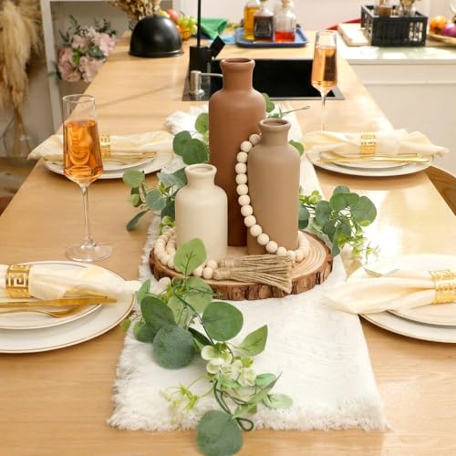Geelin 6 Pcs Boho Rustic Table Centerpieces, 3 Modern Ceramic Vases, Wooden Slice Tray, Farmhouse Wood Beads Garland with Tassel, Artificial Vines for Dining Home Table Decor(Neutral) - color: Neutral