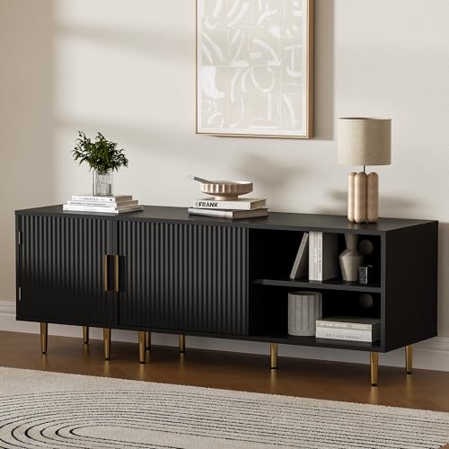 Housoul Combined Modern TV Stand for 55/60/65 inch TV, Small Fluted Entertainment Center with Adjustable Shelf, TV Media Stand with Storage Cabinet, TV Console for Living Room, Bedroom, Black - color: Black, size: 55" L