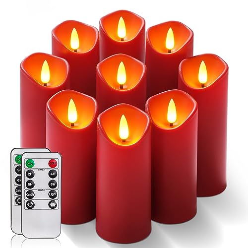 Homemory Christmas Flameless Candles, Battery Operated Candles with Remote Timers, Electric Fake Candles for Home, Christmas Decoration, Made of Plastic, Red/Burgundy, Set of 9 - color: Burgundy