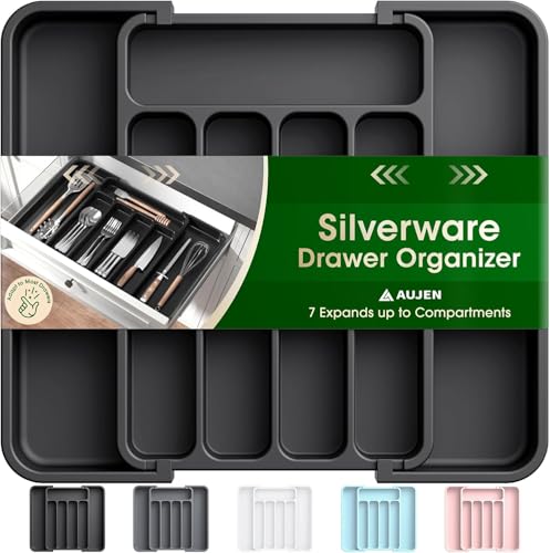Aujen Silverware Organizer - Expandable Kitchen Drawer Organizer, Adjustable Utensil Organizer, Cutlery Tray for Forks, Knives, Multipurpose Kitchen Organizers and Storage Solution, Black, Medium - color: Black, size: Medium