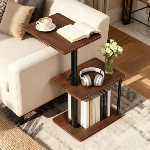 Faesun Swivel Side Table for Couch Arm, Height Adjustable C Shaped End Table for Recliner or Bed, Tv Trays with Storage Shelf for Small Spaces- Small Nightstand for Living Room, Bedroom - color: Walnut