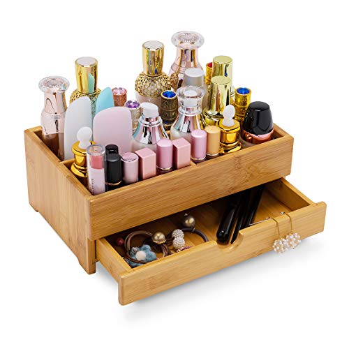 GOBAM Bamboo Makeup Organizer and Storage with Drawer, Wooden Cosmetic Organizer Countertop for Bathroom, Bedroom, Kitchen & Dresser, Desk Organizer with Drawers and Make up Vanity Station - Medium - size: Medium