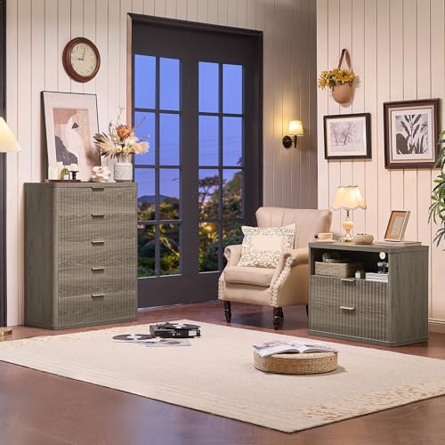 LEYAOYAO 31" Wide Fluted Nightstand with Charging Station, Oversized Extra Large 2 Drawers Night Stand,Grey Wood Bedside Table,Tall Bed Side End Tables,Modern Chest of Drawers Dressers for Bedroom - color: Grey, size: 2 Drawers