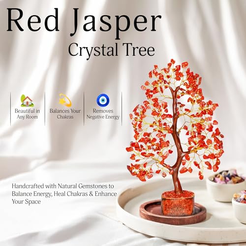 YATSKIA Red Jasper Crystals - Crystal Tree of Life - Gemstone Tree - Spiritual Items - Meditation Room Decor - Spiritual Decor - Reiki Gifts - Good Luck Charms - Metaphysical Gifts - color: Red Jasper (Golden Wire)